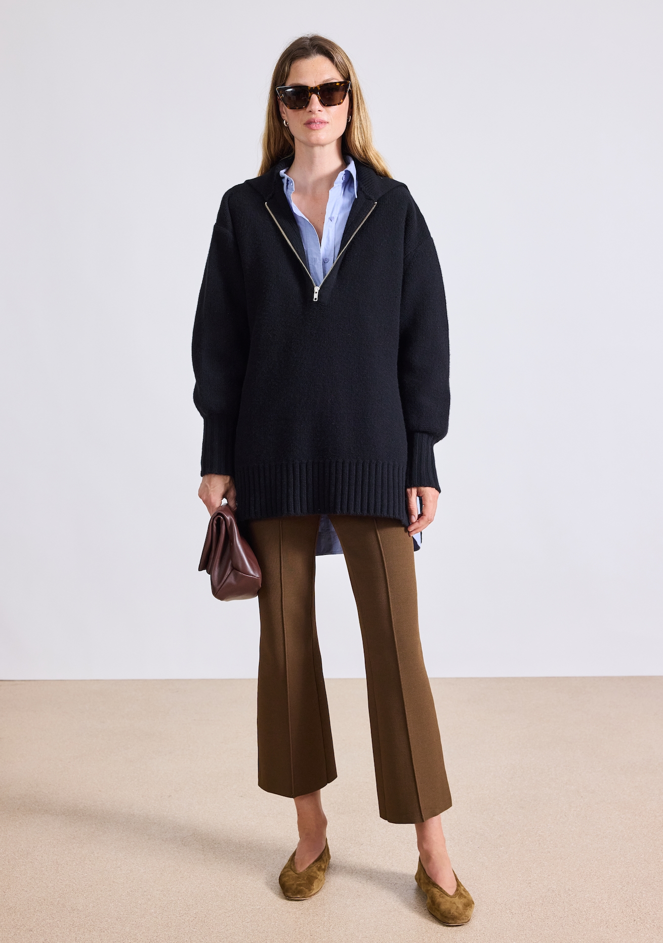 Vanessa wears the Drippy Zip Neck Pullover and Rene Pull on Pant