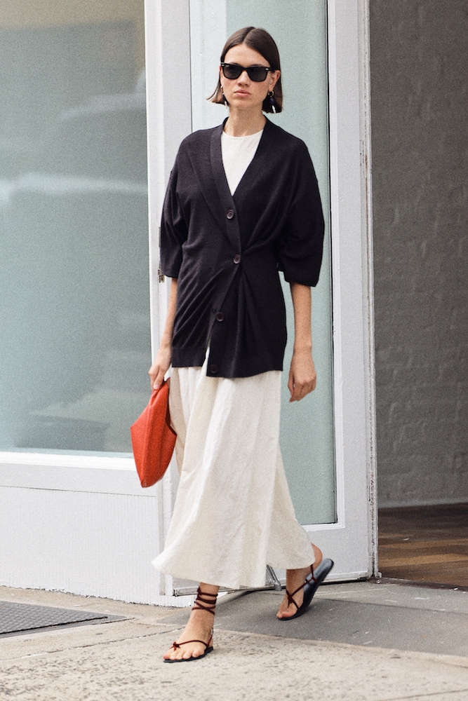 Viktoria wears the Bettina Maxi and Drippy Cardigan